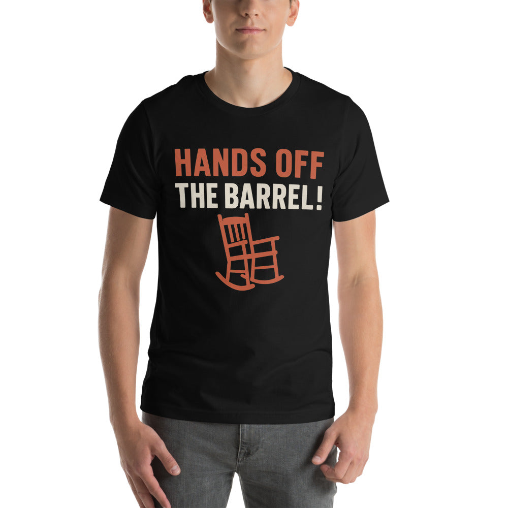Hands Off The Barrel! Tee — political satire tee mockup — view 2