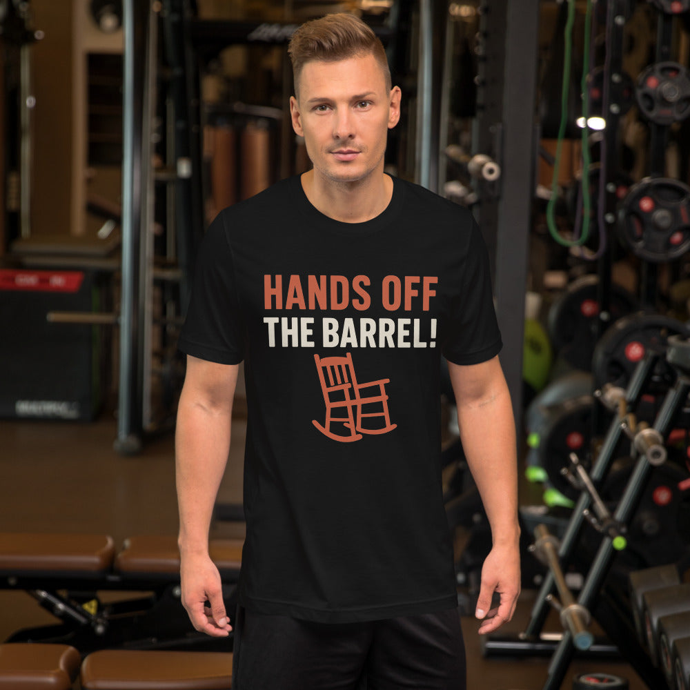 Hands Off The Barrel! Tee — political satire tee mockup — view 4