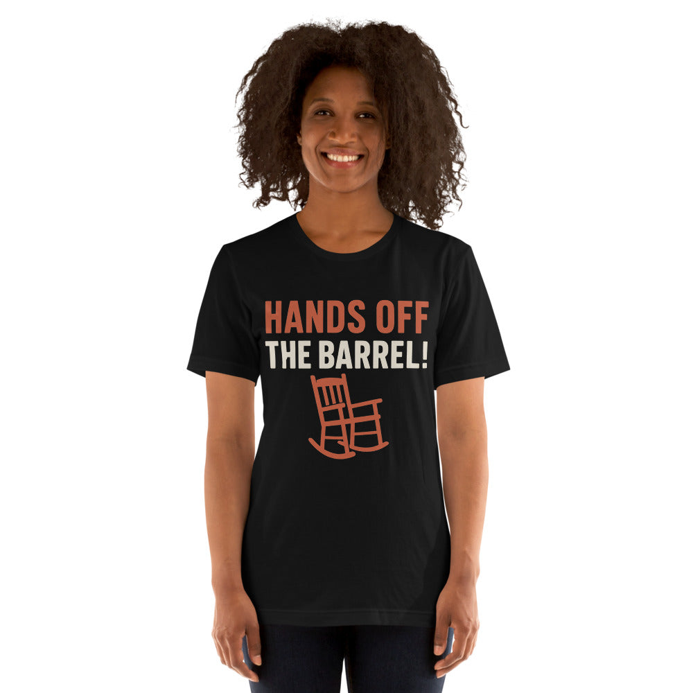 Hands Off The Barrel! Tee — political satire tee mockup — view 5