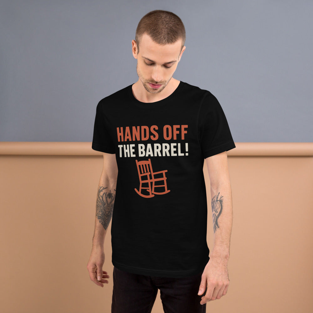 Hands Off The Barrel! Tee — political satire tee mockup — view 6