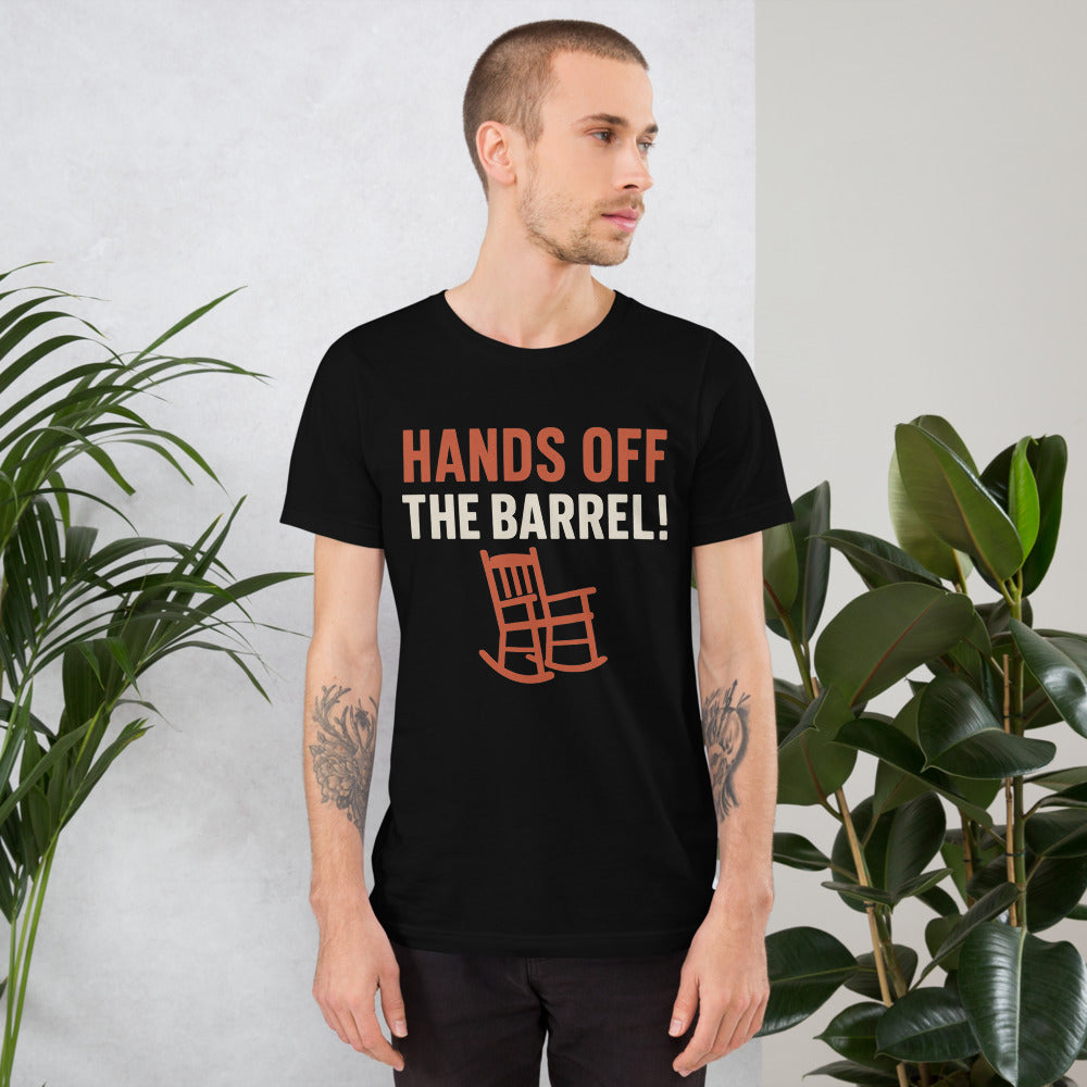 Hands Off The Barrel! Tee — political satire tee mockup — view 7