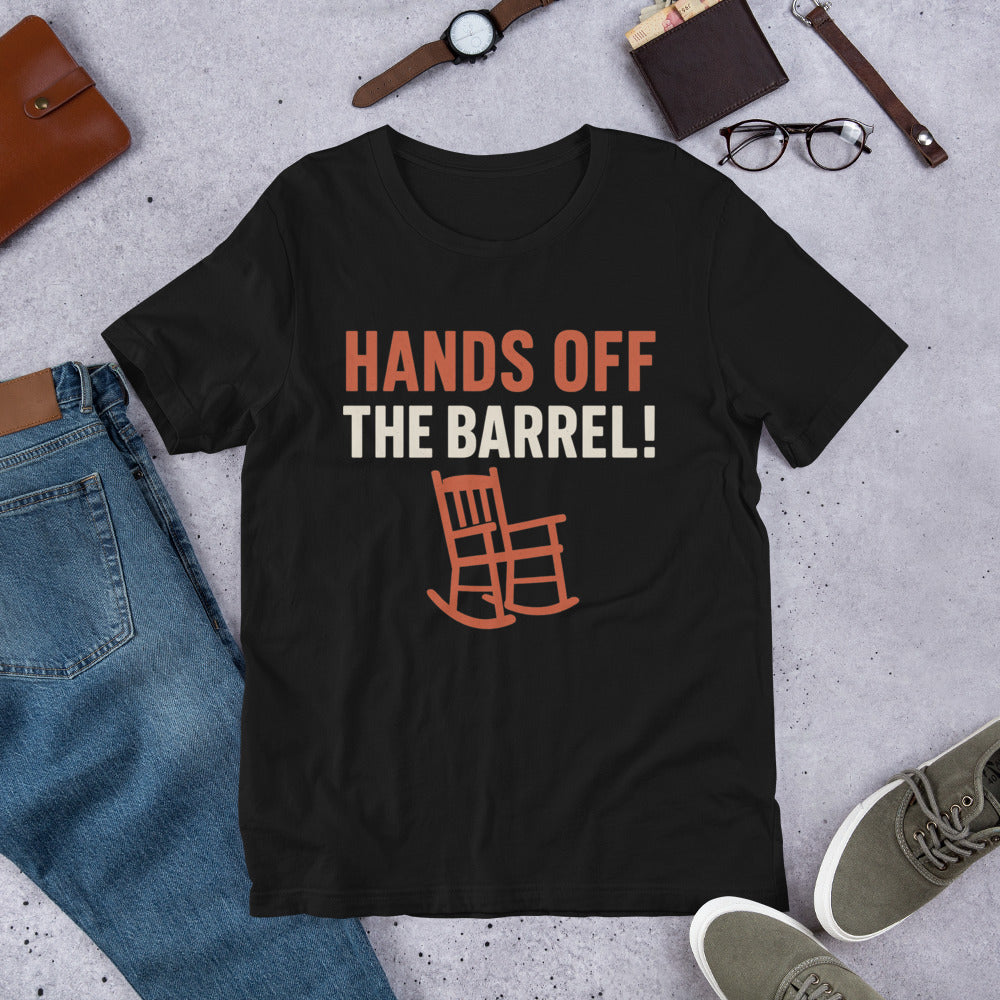 Hands Off The Barrel! Tee — political satire tee mockup — view 8