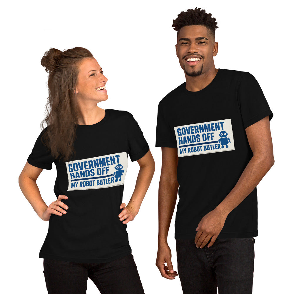 "Government Hands Off My Robot Butler" Tee — political satire tee mockup — view 3