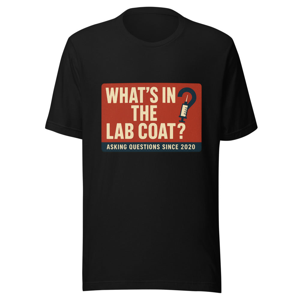 "What's In The Lab Coat?" Tee — political satire tee mockup — view 1