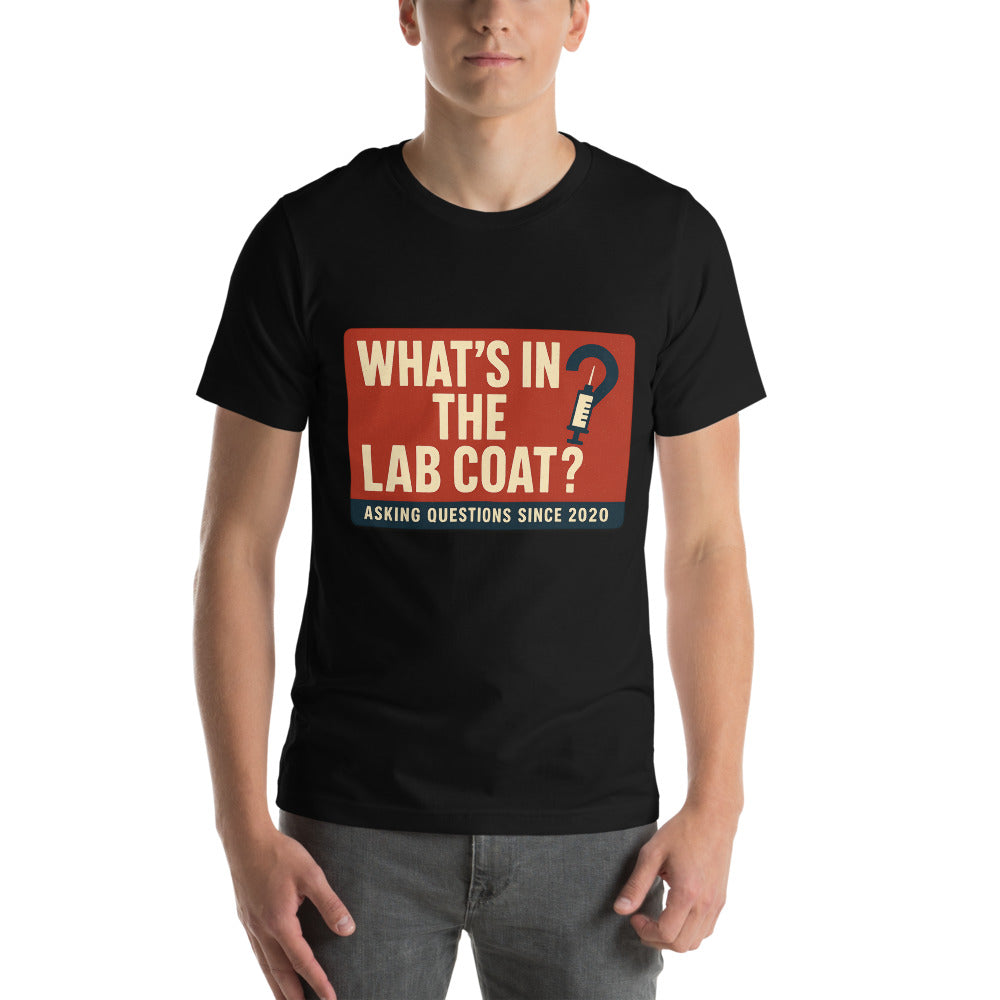 "What's In The Lab Coat?" Tee — political satire tee mockup — view 2