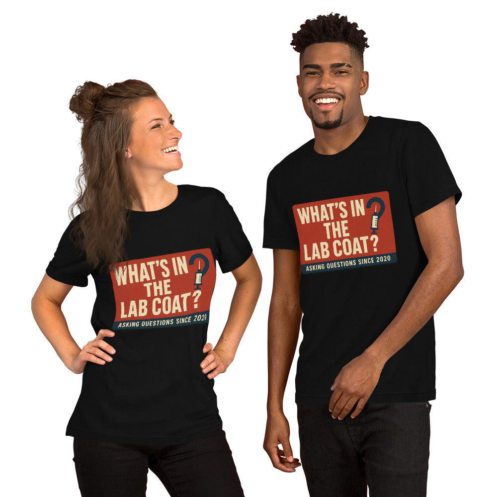 "What's In The Lab Coat?" Tee — political satire tee mockup — view 3