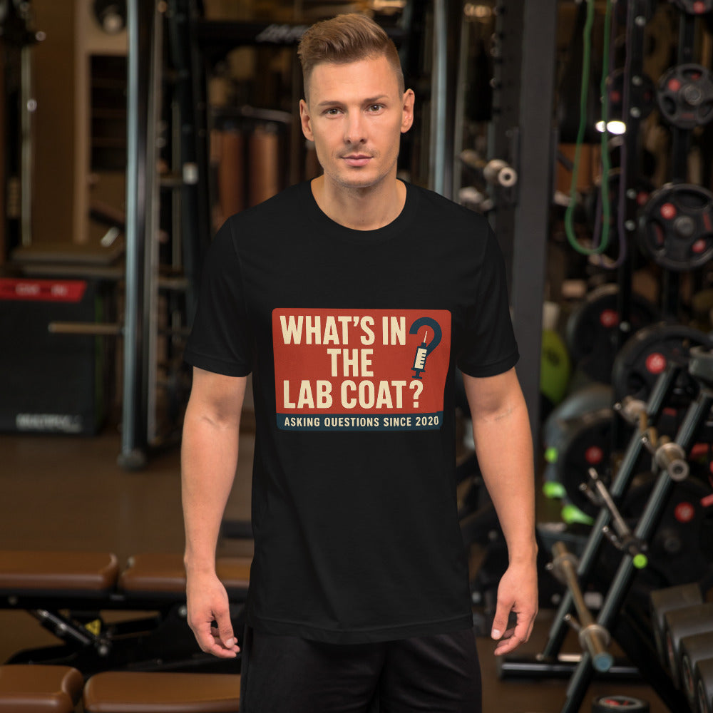 "What's In The Lab Coat?" Tee — political satire tee mockup — view 4