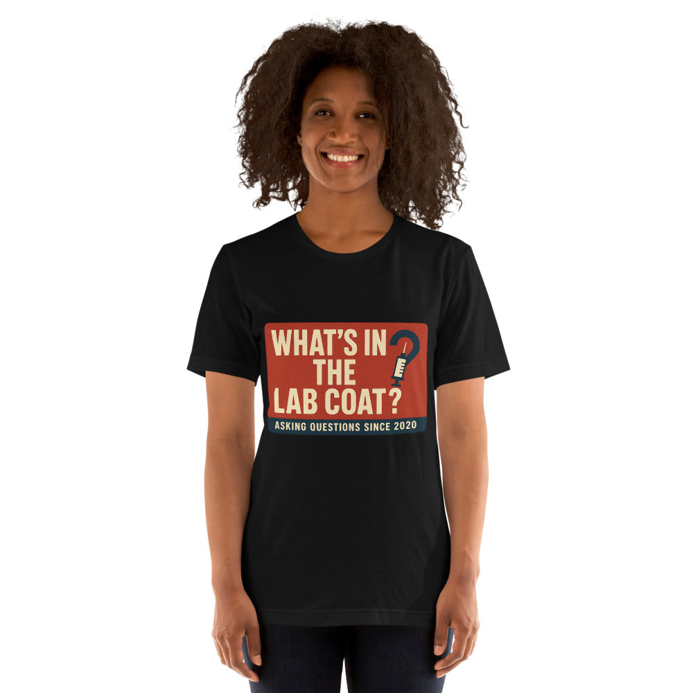 "What's In The Lab Coat?" Tee — political satire tee mockup — view 5