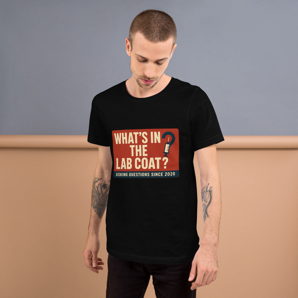 "What's In The Lab Coat?" Tee — political satire tee mockup — view 6