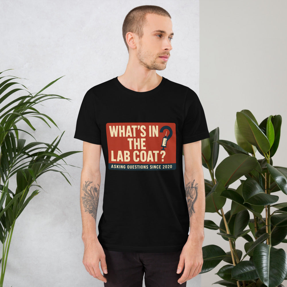 "What's In The Lab Coat?" Tee — political satire tee mockup — view 7