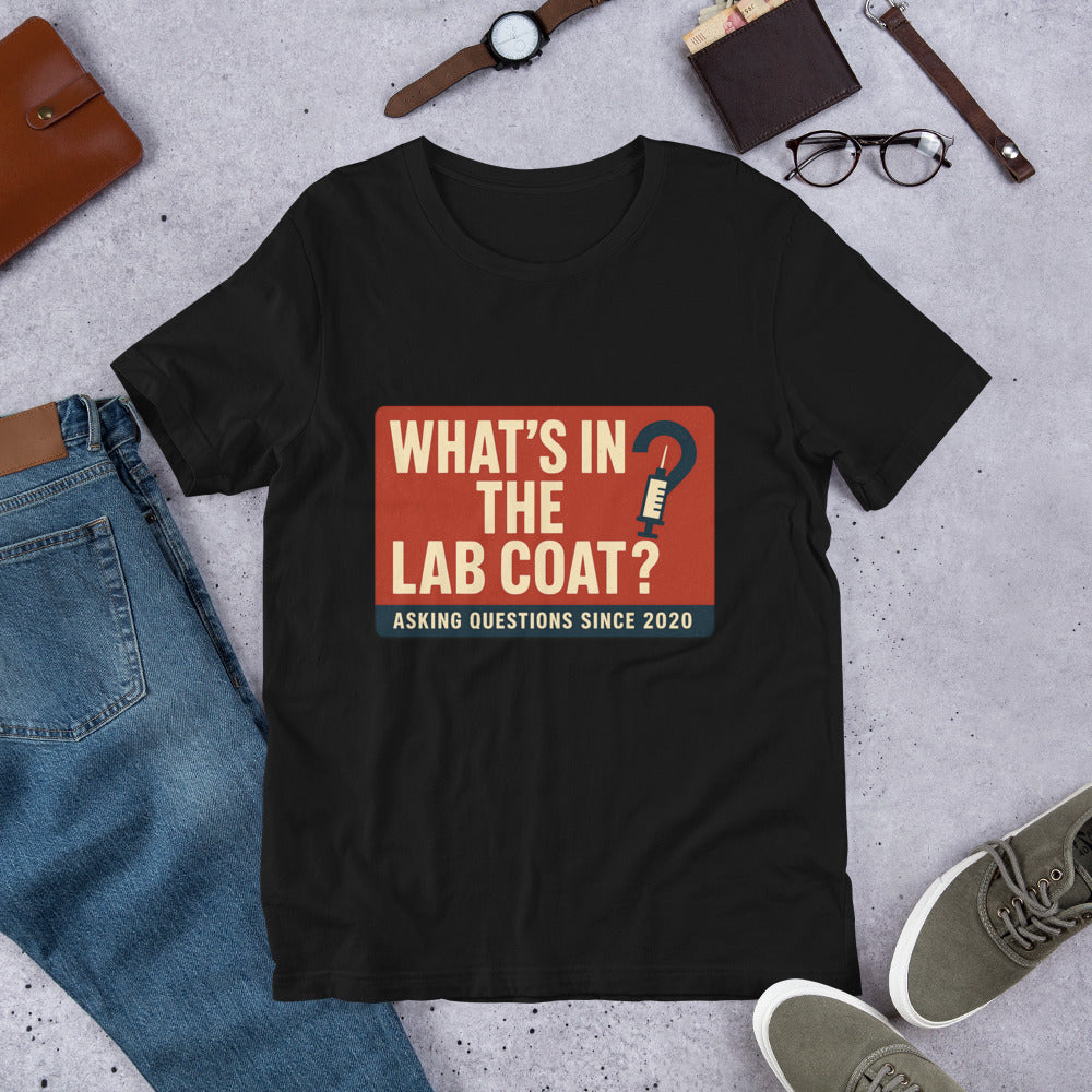 "What's In The Lab Coat?" Tee — political satire tee mockup — view 8