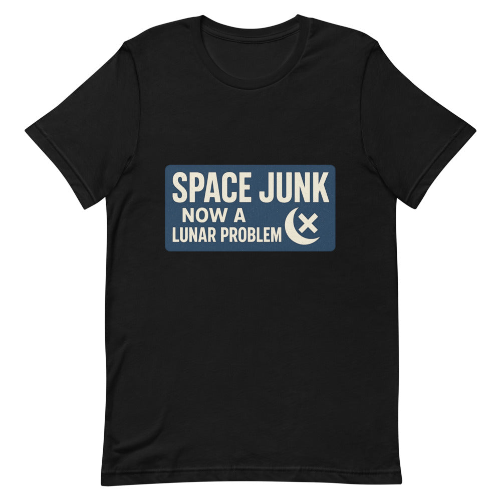 Space Junk: Now A Lunar Problem Tee — political satire tee mockup — view 4