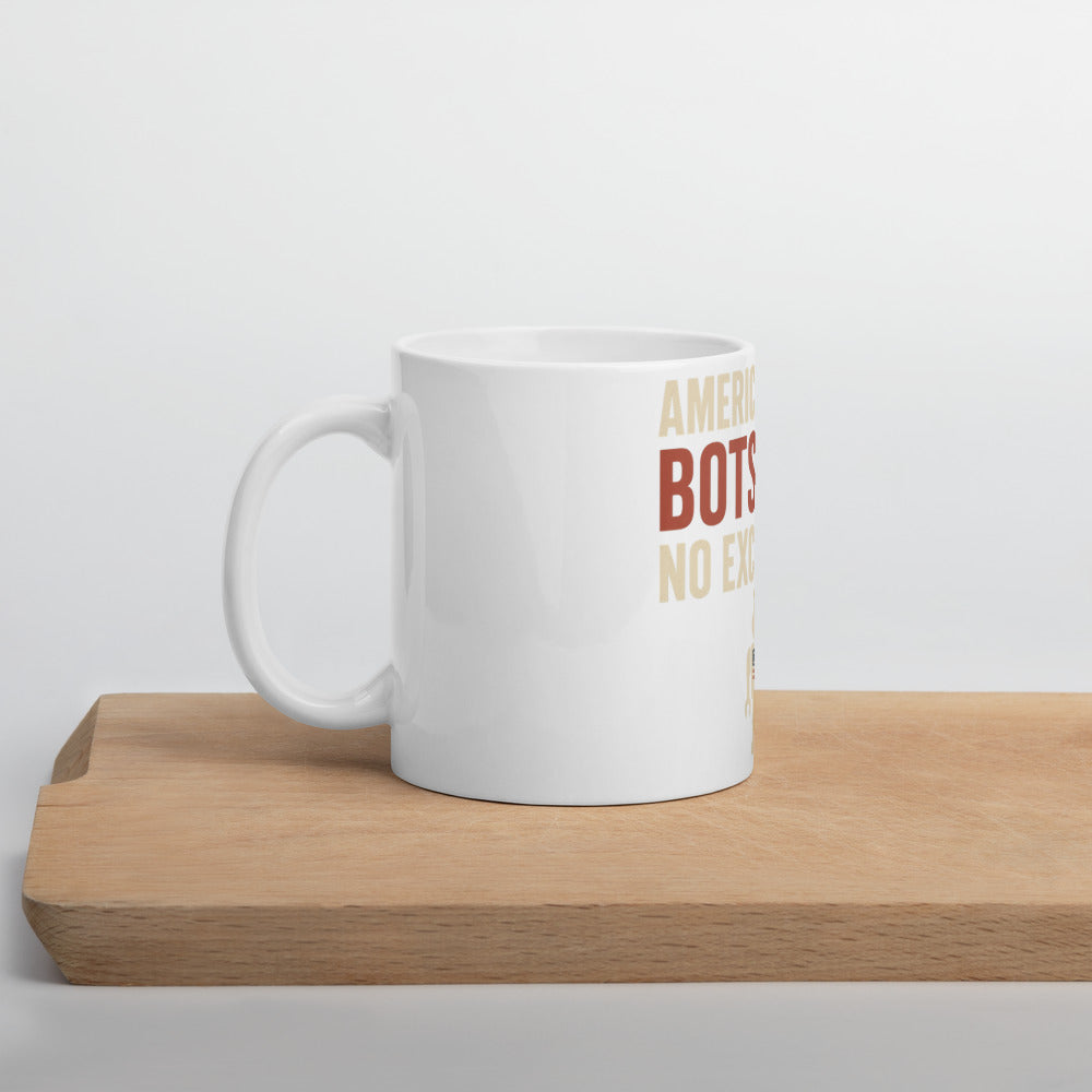 "American-Built Bots Only, No Exceptions" Mug — political satire mug mockup — view 5