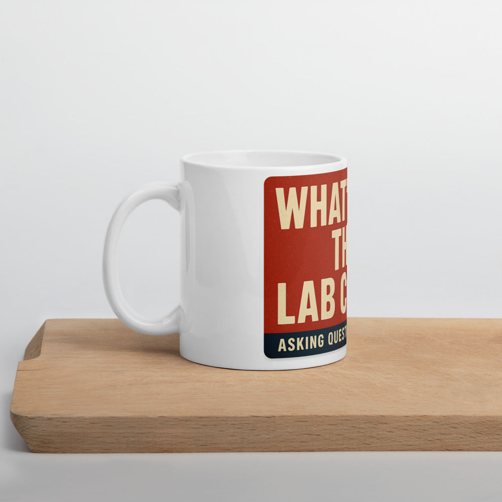 "What's In The Lab Coat?" Mug — political satire mug mockup — view 5