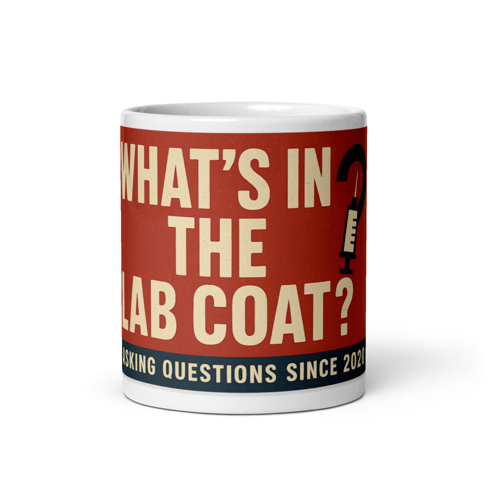 "What's In The Lab Coat?" Mug — political satire mug mockup — view 3