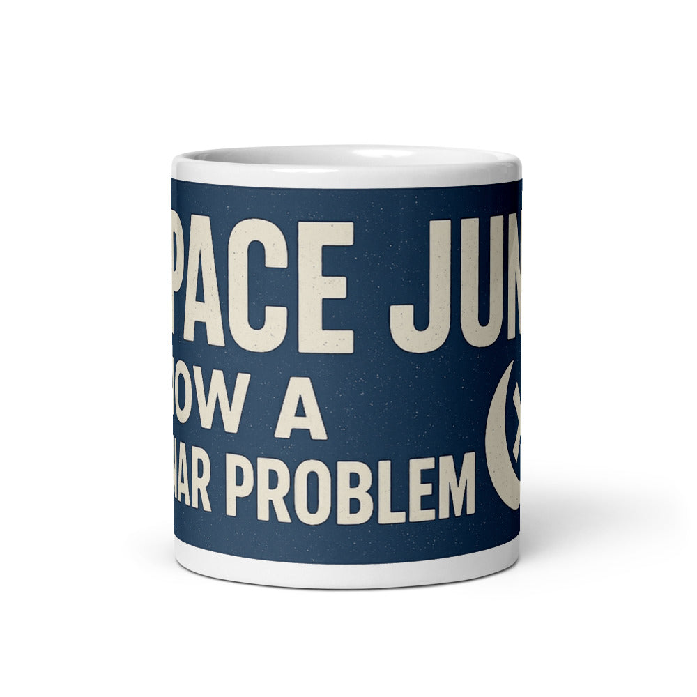 Space Junk: Now A Lunar Problem Mug — political satire mug mockup — view 3