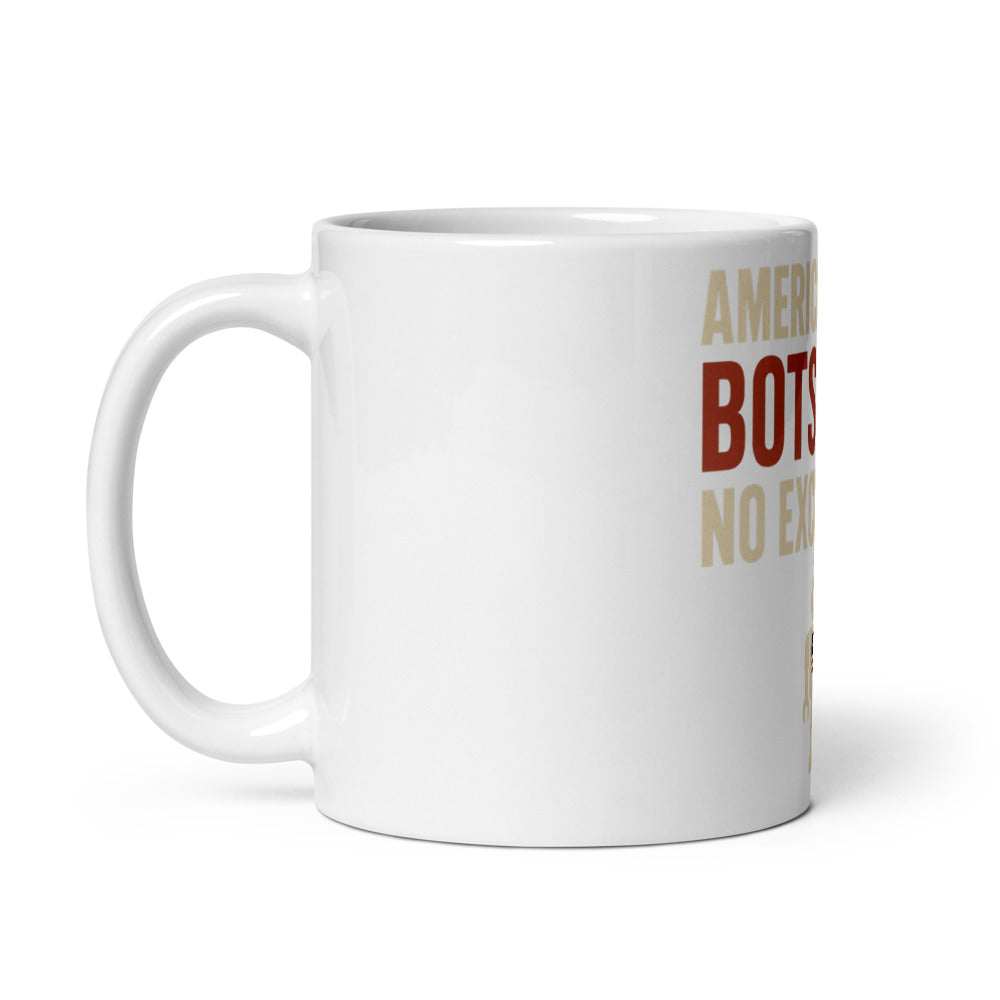 "American-Built Bots Only, No Exceptions" Mug — political satire mug mockup — view 2