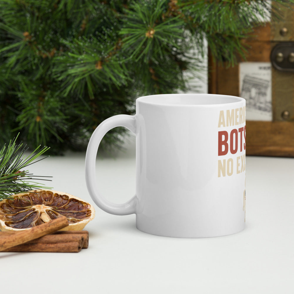 "American-Built Bots Only, No Exceptions" Mug — political satire mug mockup — view 8
