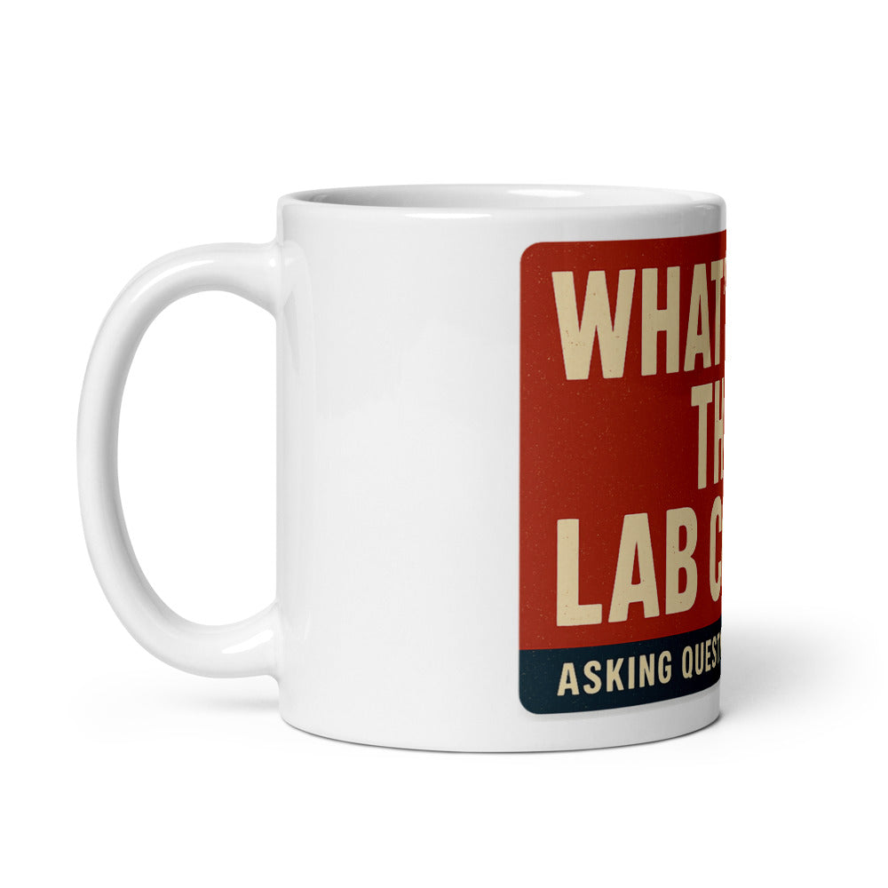 "What's In The Lab Coat?" Mug — political satire mug mockup — view 2