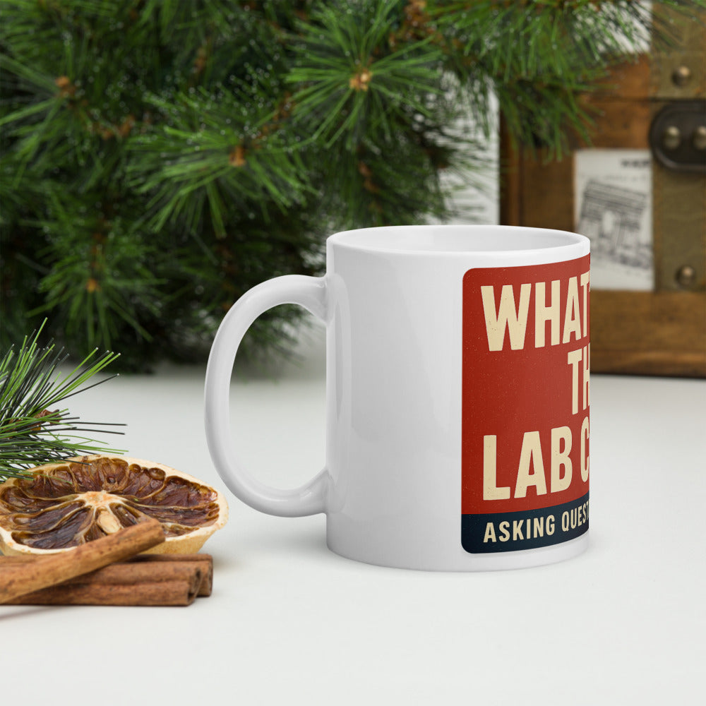 "What's In The Lab Coat?" Mug — political satire mug mockup — view 8