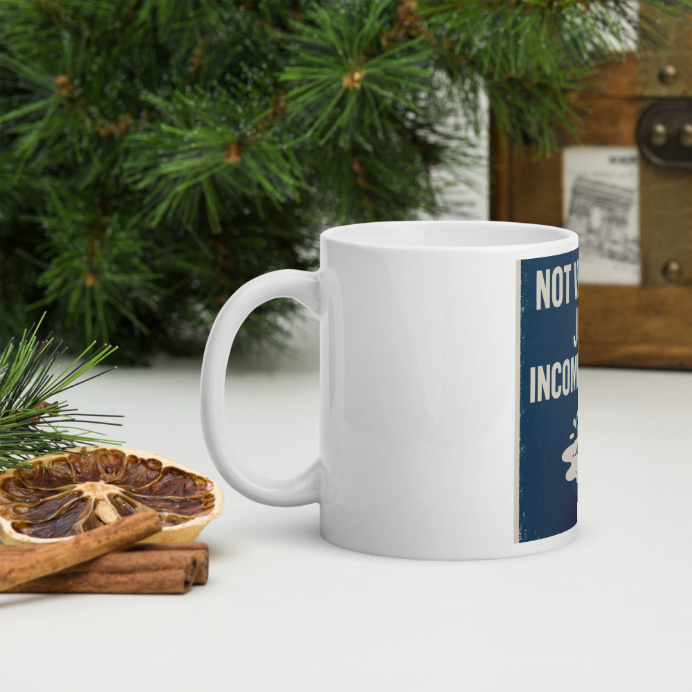 "Not Vandals. Just Incompetence." Mug — political satire mug mockup — view 8