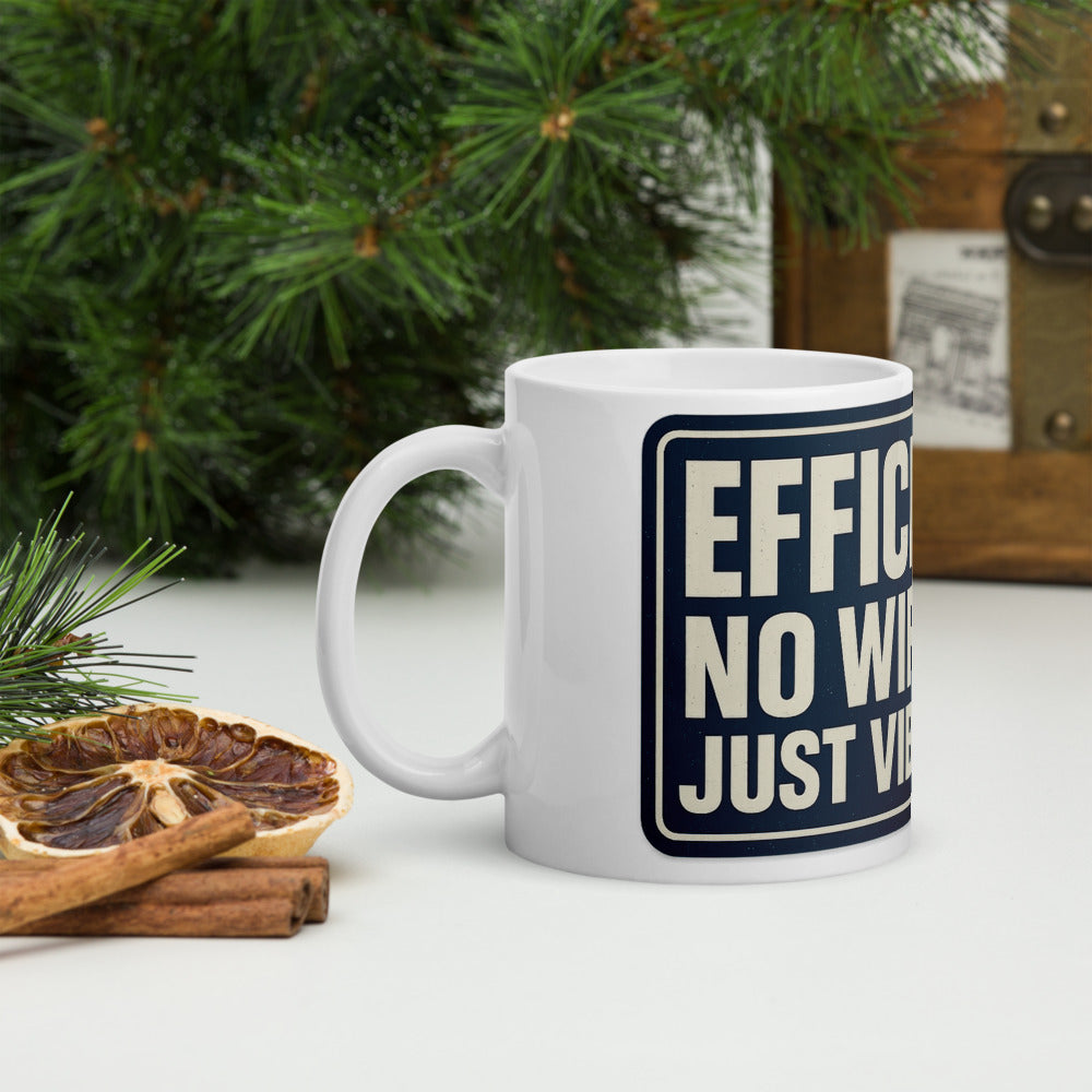 "Efficiency: No Wifi, Just Vibes" Mug — political satire mug mockup — view 8