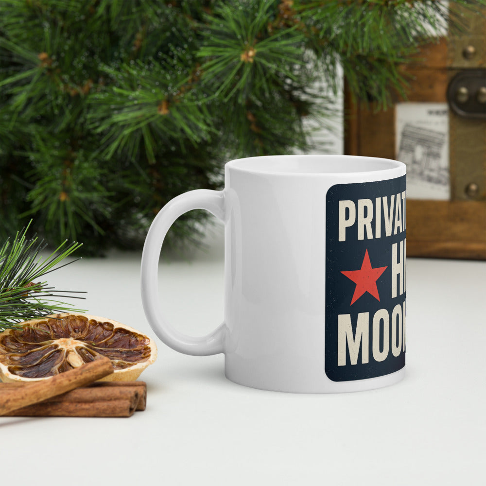 Private Sector Hit The Moon First Mug — political satire mug mockup — view 8
