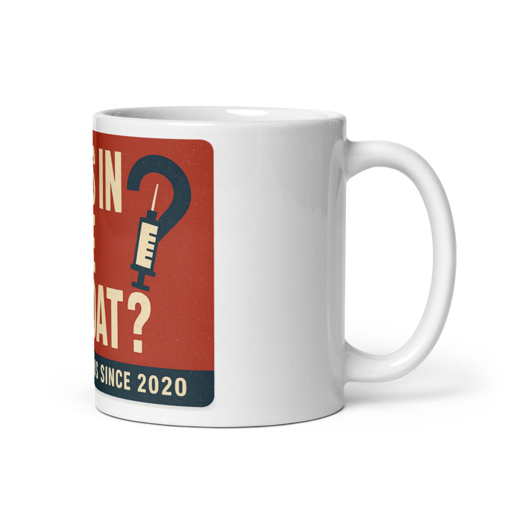 "What's In The Lab Coat?" Mug — political satire mug mockup — view 1