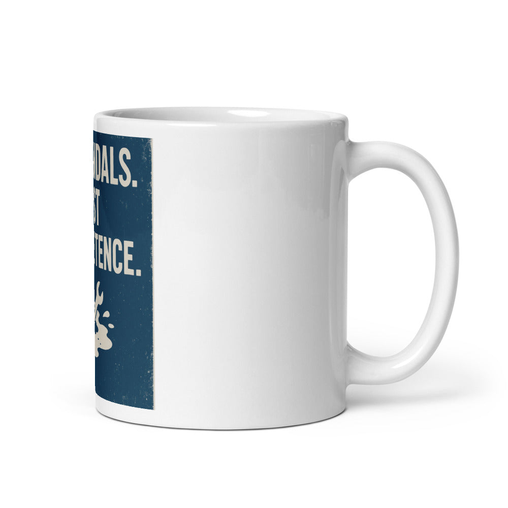 "Not Vandals. Just Incompetence." Mug — political satire mug mockup — view 1