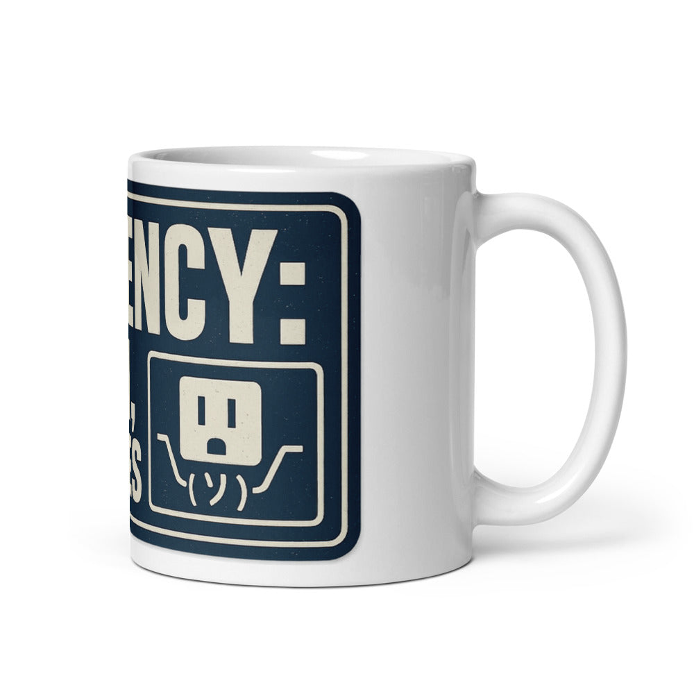 "Efficiency: No Wifi, Just Vibes" Mug — political satire mug mockup — view 1