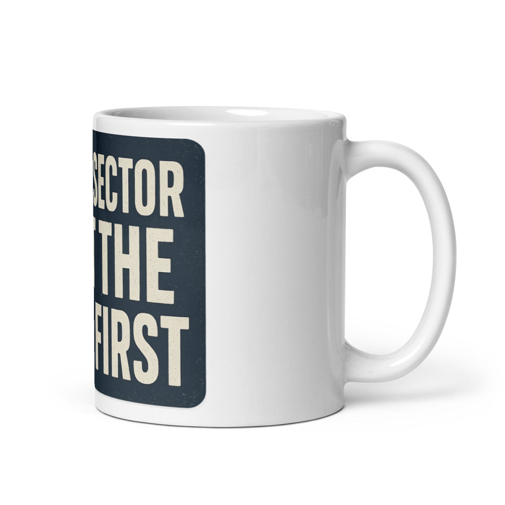 Private Sector Hit The Moon First Mug — political satire mug mockup — view 1