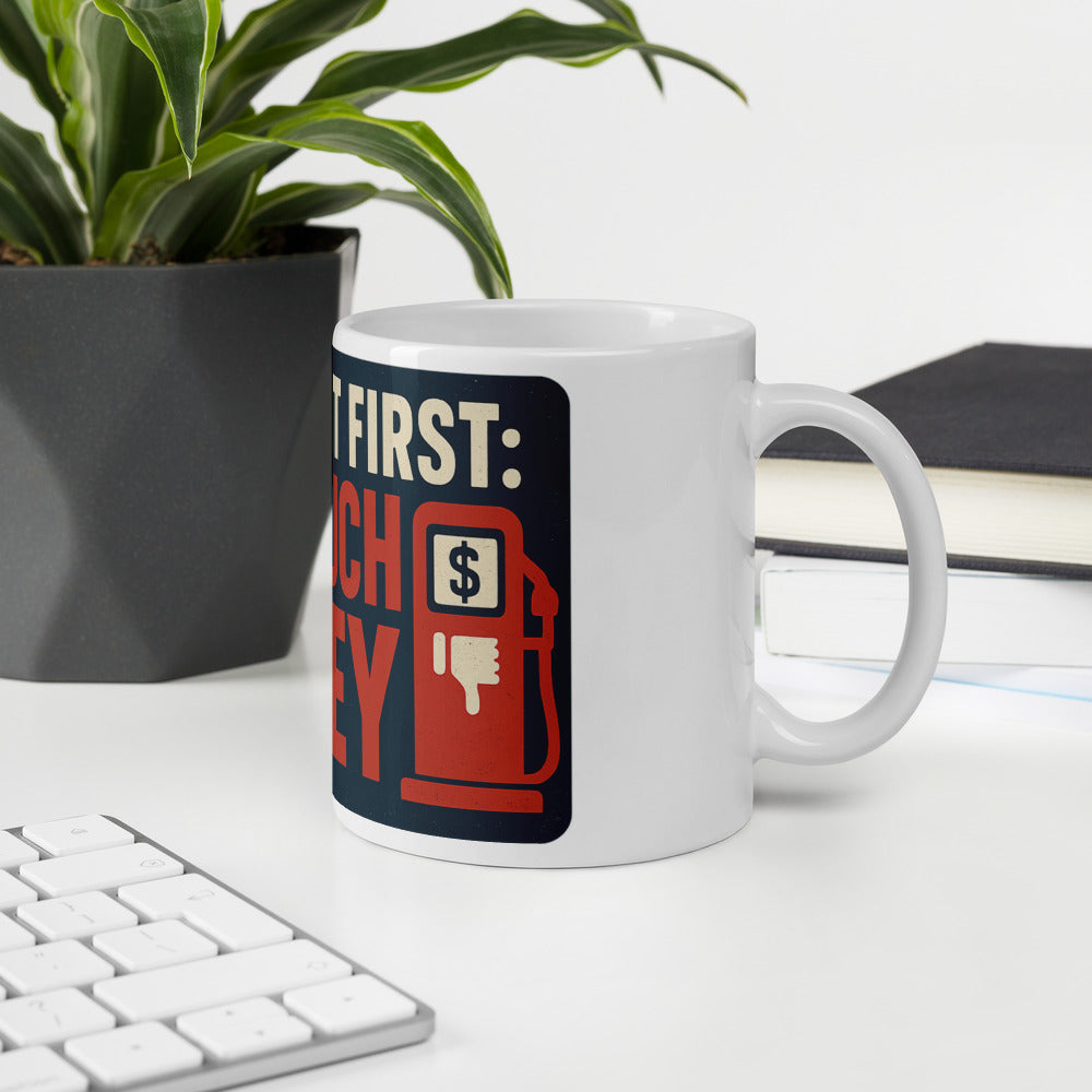 "We Said It First: Too Much Money" Mug — political satire mug mockup — view 6