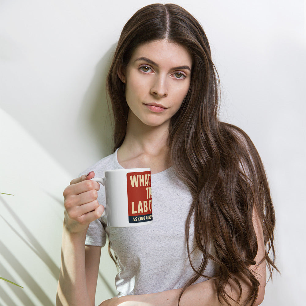 "What's In The Lab Coat?" Mug — political satire mug mockup — view 4